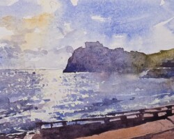 IOW coastal watercolour painting freshwater bay evening light