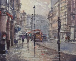 London watercolour painting evening bustle